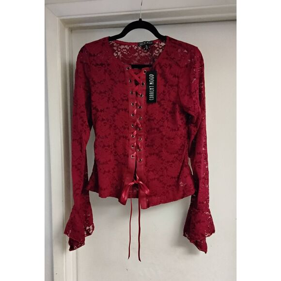 NWOT~Dolls Kill Current Mood Red Lace Romanticized Intentions Long Sleeve Top XL - Picture 1 of 6